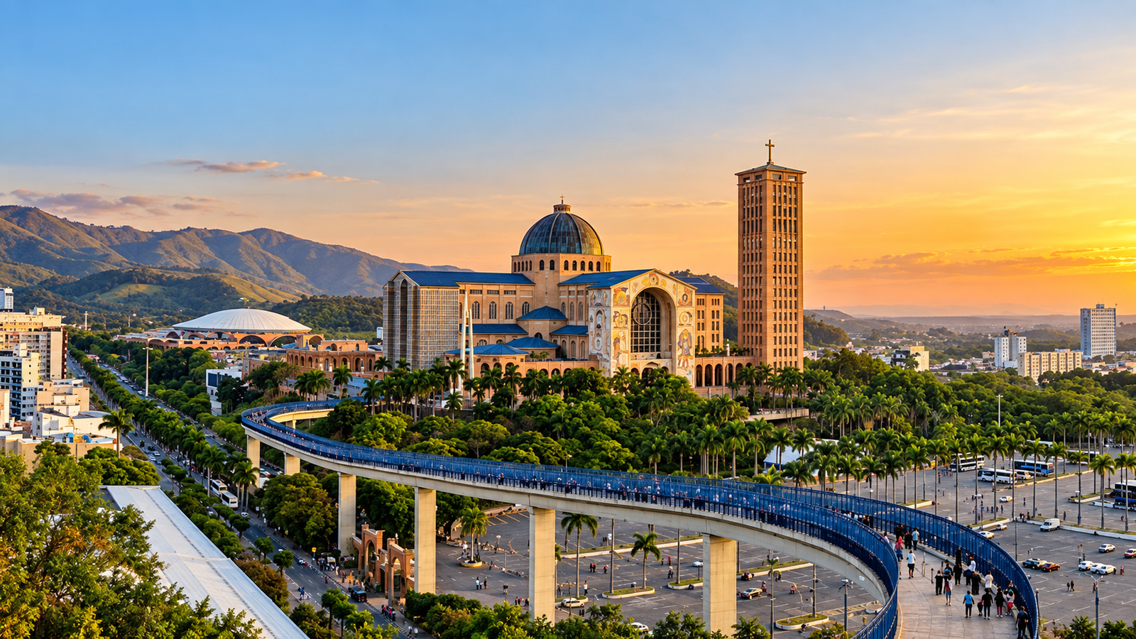 Vista da Basílica de Aparecida e da Passarela da Fé ao pôr do sol, recriada com inteligência artificial